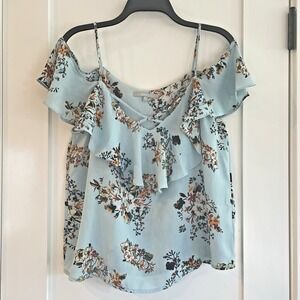 Womens Top Blouse Ruffle Tiered Floral Distressed Off the Shoulder L Cottage